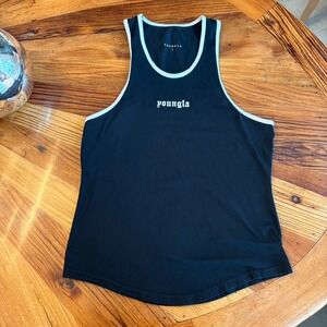 YoungLA Mens 319 Ringer Tank Top Black White Gothic Logo Gym Stringer Small